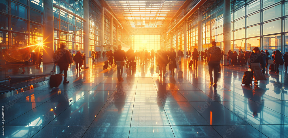 An airport with many people walking around, blurry figures, bright, sunlight shining through the windows. Generative AI.