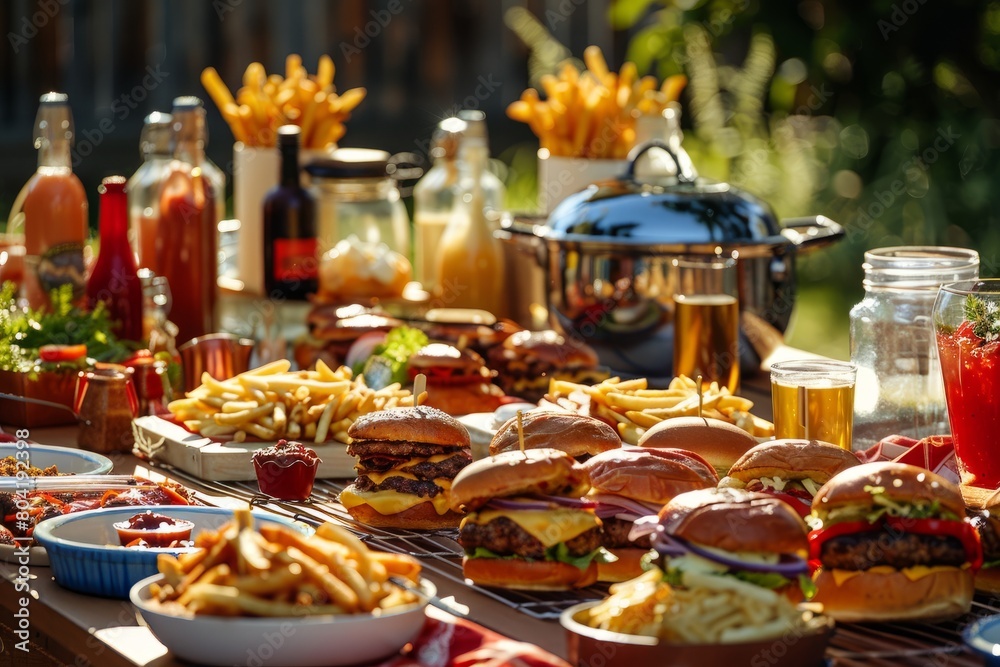 A table overflowing with a delicious assortment of burgers, fries, and beverages for a summer barbecue gathering
