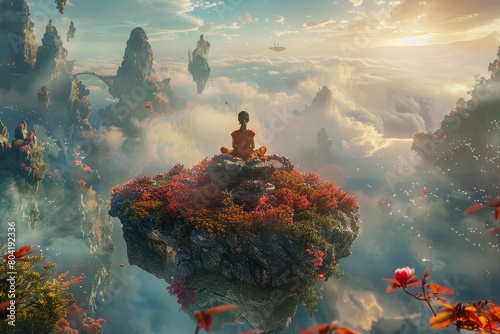 A man sits in lotus position on a floating island, amidst a dreamlike landscape of clouds © Ilia Nesolenyi