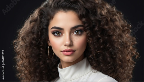 beautiful arab female fashion model with curly hair close-up portrait posing on plain black background from Generative AI