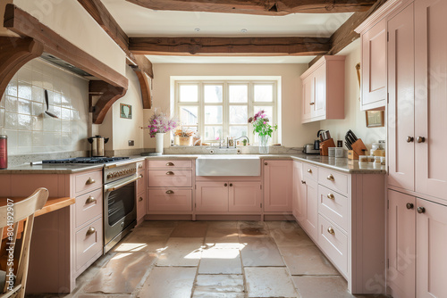 a pink kitchen with granite counter tops and white cabinets,