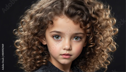 beautiful kid female fashion model with curly hair close-up portrait posing on plain black background from Generative AI