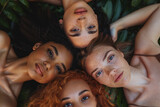 A group of beautiful diverse women lying on the ground with their heads together looking up