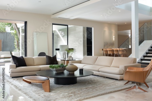 A high-angle view of a modern living room filled with sleek furniture and featuring a staircase