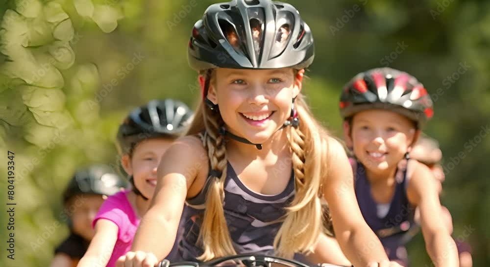 Children happily riding bicycles outside with a girl smiling at the camera . Concept Outdoor Photoshoot, Fun Activities, Smiling Children, Lifestyle Portraits, Joyful Moments