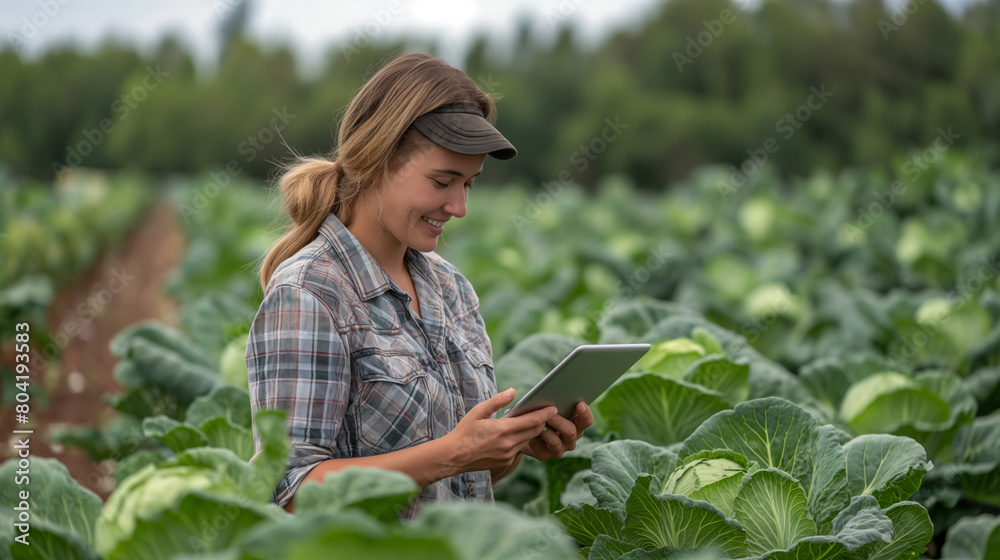 Farmer woman working with tablet on cabbage field. agronomist with tablet studying cabbage harvest growing on dry field. Agriculture climate change concept image. Farmer woman working with tablet on cabbage field. agronomist with tablet studying cabbage harvest growing on dry field. Agriculture climate change concept image.