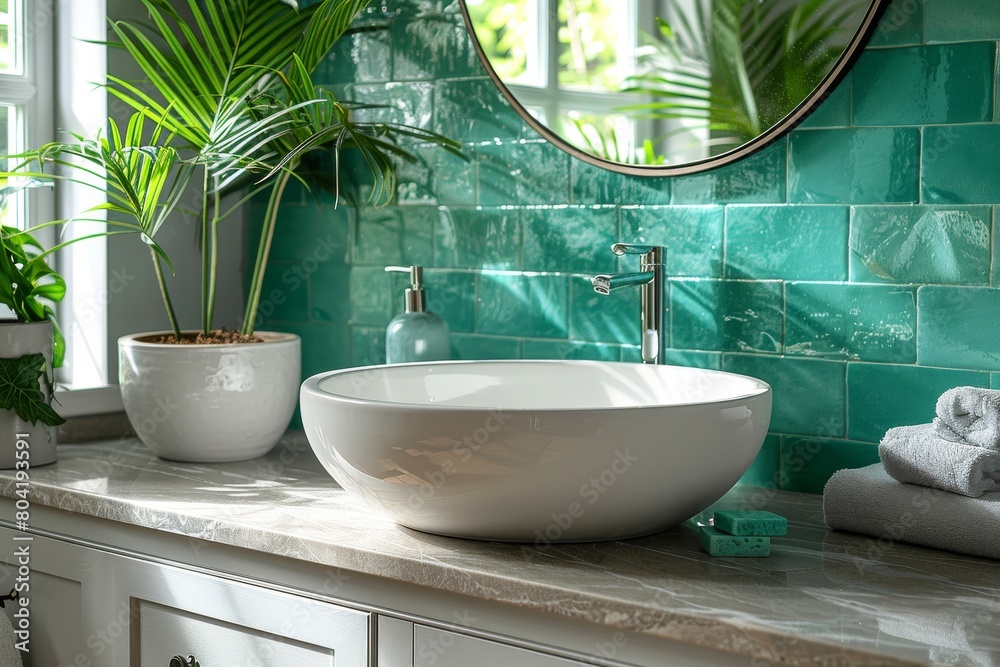 Fototapeta premium A stylish bathroom featuring a circular mirror, white sink bowl, and vibrant green subway tiled wall, exuding freshness and modernity