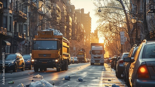 City street early in the morning, with garbage trucks collecting trash bins from the sidewalk, illustrating the daily routine of urban trash collection. Generative AI.