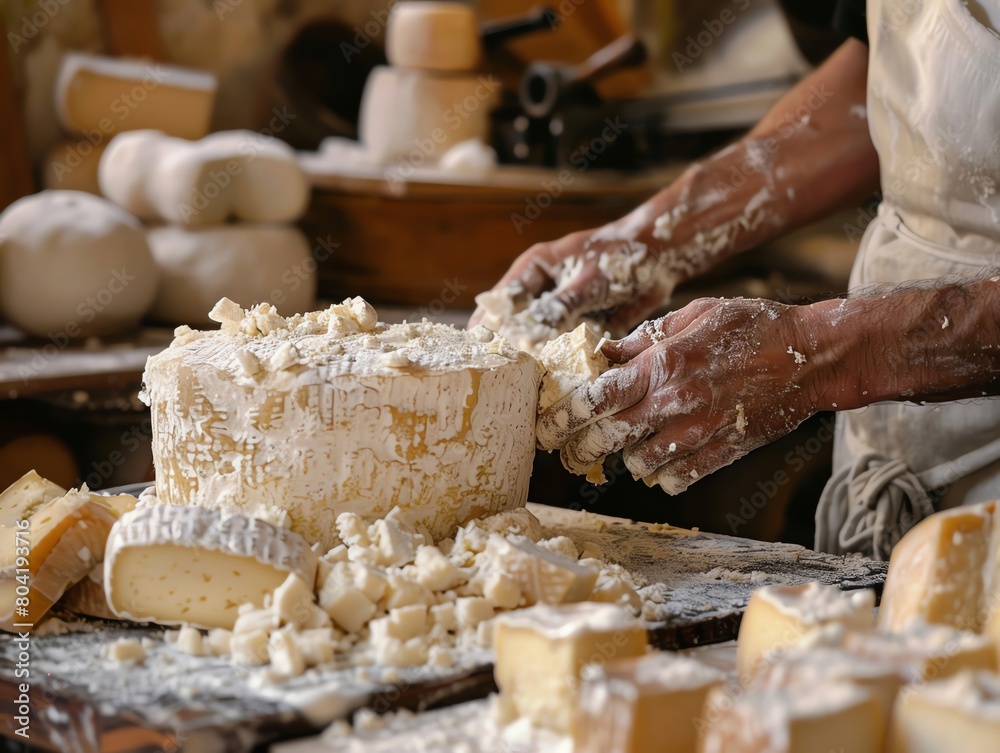 Artisanal cheese-making process, detail shots of the craft from curdling to aging Artisanal cheese-making process, detail shots of the craft from curdling to aging