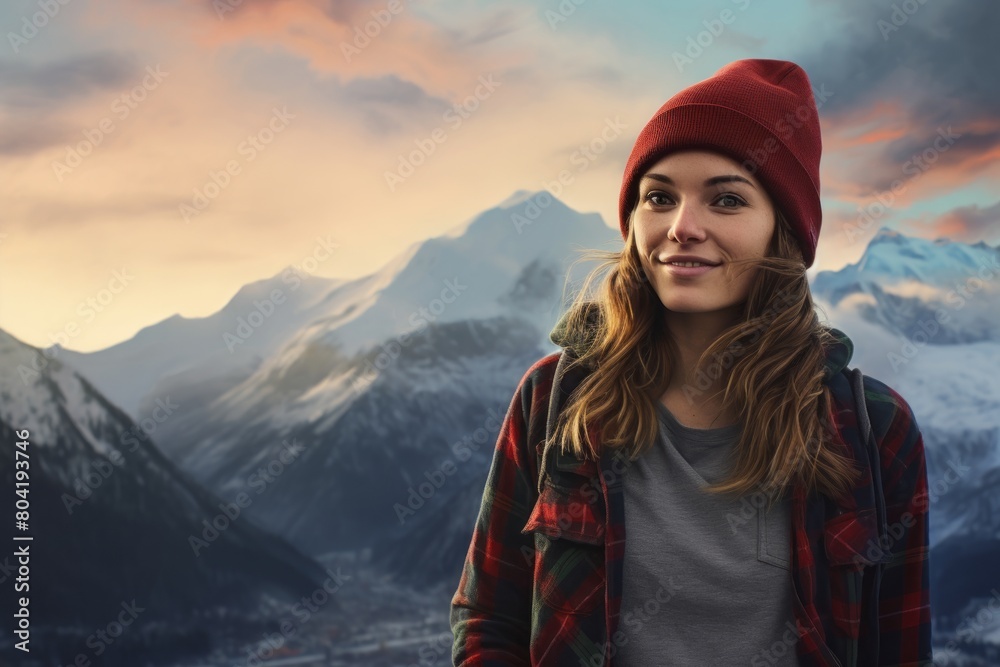 Portrait of a glad woman in her 30s sporting a trendy beanie isolated in backdrop of mountain peaks Portrait of a glad woman in her 30s sporting a trendy beanie isolated in backdrop of mountain peaks