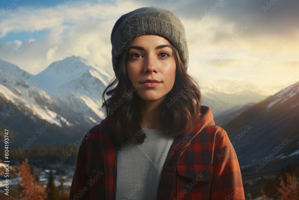 Portrait of a glad woman in her 30s sporting a trendy beanie isolated in backdrop of mountain peaks