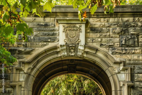 The archway is made of stone and has a design on it