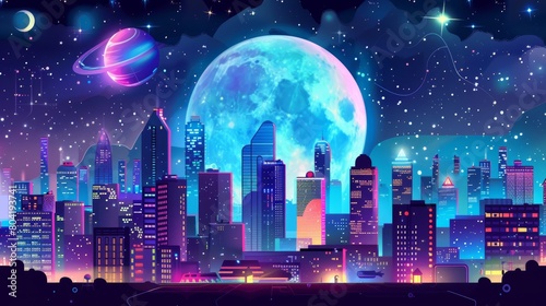 Stylish futuristic city background showing modern architecture and colorful illumination. Modern illustration of a megalopolis with skyscrapers, neon signs, and alien planets.