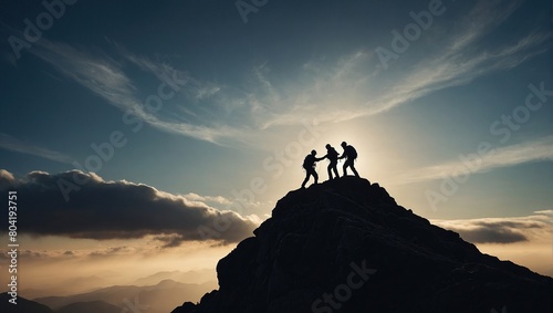 Help and assistance concept, people climbing on mountain top