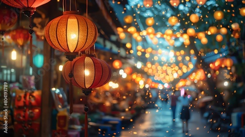 Bokeh effect in a night market, lights blurring into a beautiful pattern, creating a magical atmosphere