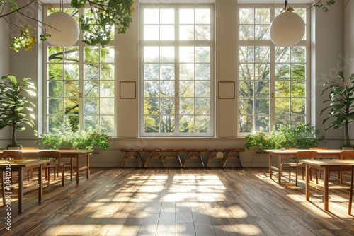 An airy and bright room featuring towering windows, wooden floors, and lush green plants for a serene environment © Larisa AI