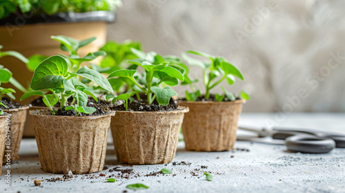 Peat pots with green seedlings and secateurs on light photo