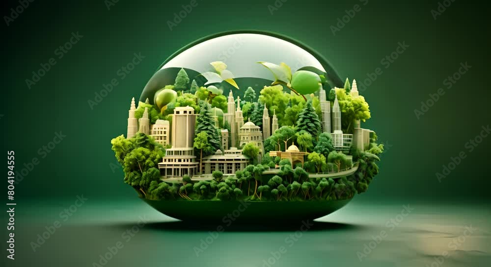 3D paper-cut globe made of green leaves, highlighted with eco-friendly transport routes