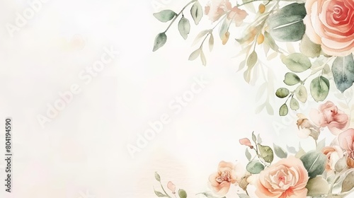 The mockup card birthday wedding showcases soft flowers and fresh green leaves in a tasteful flat lay design, Watercolor Blank frame template Sharpen with large copy space photo