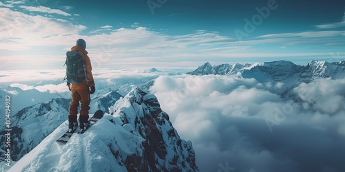 Person with snowboard on mountain peak photo