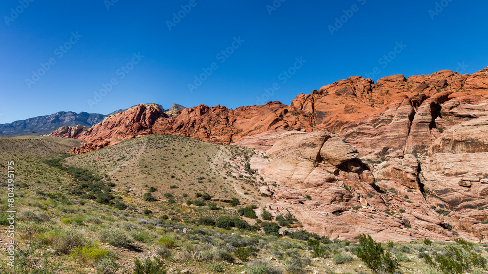 a view to the colorful red and yellow shining rock formations in the Red rock Canyon, Nevada 