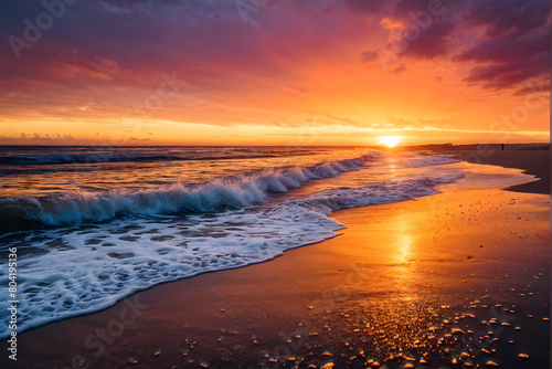 Serene beach sunset. Ideal for travel blogs  relaxation themes  and nature-related content