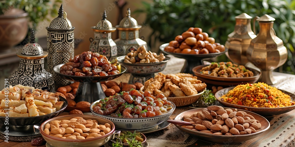 Sumptuous Spread Of Traditional Arabic Food Served During Ramadan Featuring Dates and Almonds Sumptuous Spread Of Traditional Arabic Food Served During Ramadan Featuring Dates and Almonds