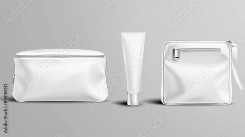 Realistic modern mockup of a white makeup bag with zipper for cosmetics and beauty tools. Travel purse for toiletries and body care. photo