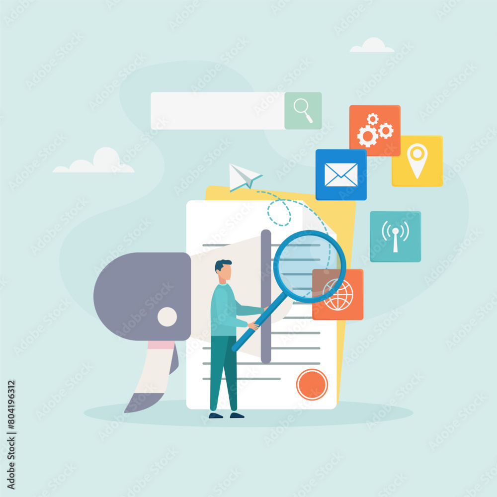 Internet marketing, SEO tools concept. Businessman with megaphone and media icons working on search engine optimization. Vector illustration.
Internet marketing, SEO tools concept. Businessman with megaphone and media icons working on search engine optimization. Vector illustration.