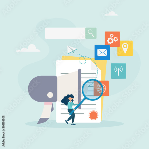 Internet marketing, SEO tools concept. Businesswoman with megaphone and media icons working on search engine optimization. Vector illustration.
