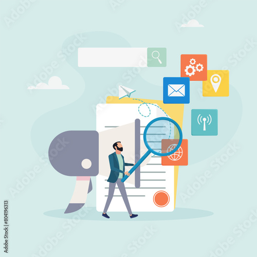 Internet marketing, SEO tools concept. Businessman with megaphone and media icons working on search engine optimization. Vector illustration. 
