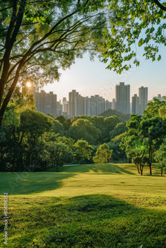 Fototapeta Naklejka Na Ścianę i Meble -  A metropolitan park with a city skyline in the background 