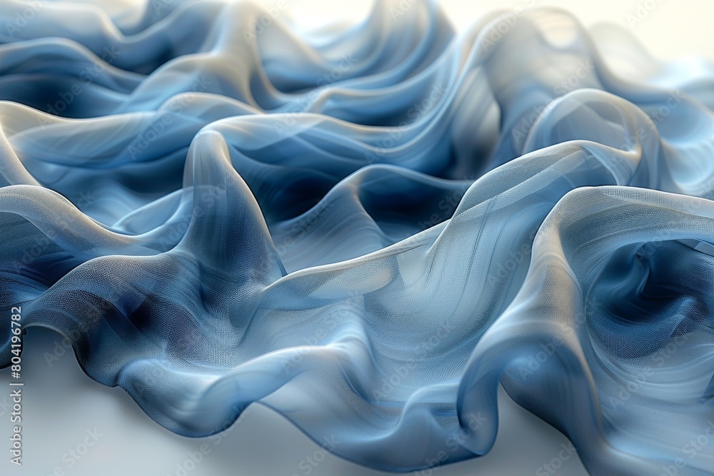 Obraz premium A serene visual of soft, flowing blue silk fabric that forms gentle, wave-like patterns, evoking a sense of tranquility and grace