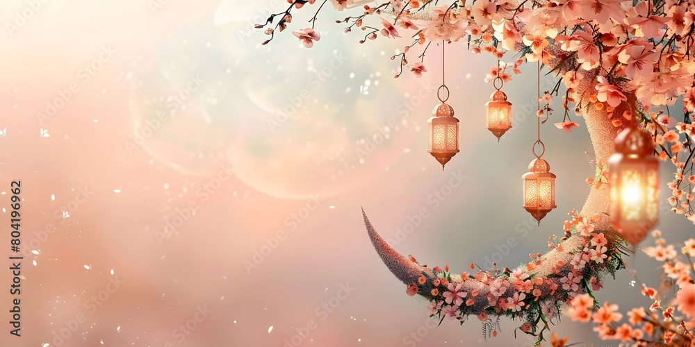 Elegant Crescent Moon Made of Floral Designs with Hanging Lanterns in Soft Warm Hues for Festive Ramadan