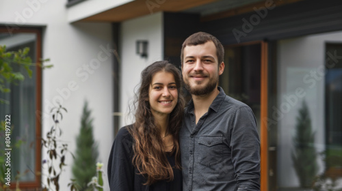 Young Couple Smiling Outside Contemporary Home