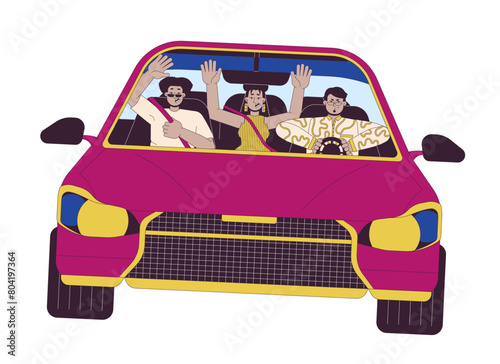 Multiracial friends riding car recklessly 2D linear cartoon characters. Creating dangerous situation on road isolated line vector people white background. Road accident color flat spot illustration