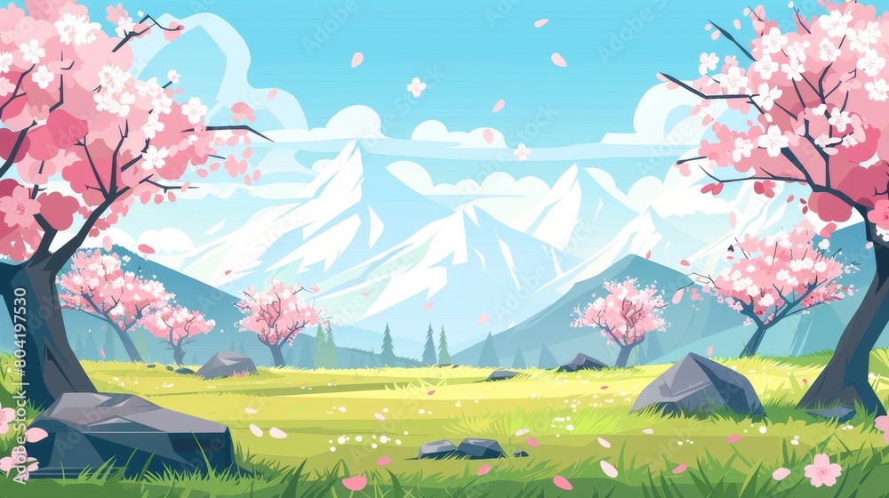 A spring landscape of a park or garden with sakura trees and pink flowers on the horizon, surrounded by green grass and rocks, is illustrated in modern form.
