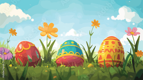 Beautiful Easter eggs on grass outdoors 2d flat car