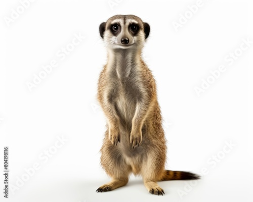 A meerkat standing on its hind legs, looking at the camera with a curious expression on its face.