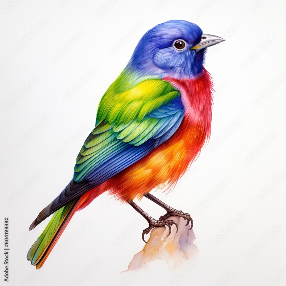 A watercolor painting of a brightly colored bird with blue, green, yellow, orange, and red feathers.