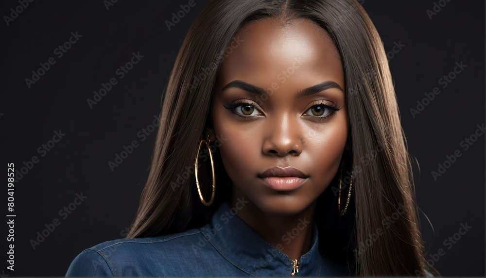 beautiful african female fashion model with flowing long hair close-up portrait posing on plain black background from Generative AI beautiful african female fashion model with flowing long hair close-up portrait posing on plain black background from Generative AI