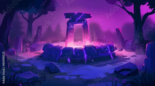 An arena of stone battles with runes at night in a dark forest cartoon background. Illustrator illustration of a fantasy Aztec universe with druid temple. Aztec altar podium portal for an arcade photo