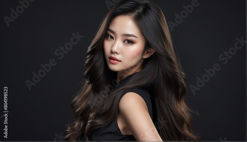 beautiful asian female fashion model with flowing long hair close-up portrait posing on plain black background from Generative AI