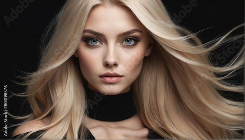 beautiful blonde female fashion model with flowing long hair close-up portrait posing on plain black background from Generative AI