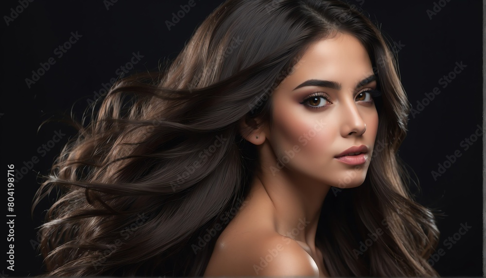 beautiful hispanic female fashion model with flowing long hair close-up portrait posing on plain black background from Generative AI beautiful hispanic female fashion model with flowing long hair close-up portrait posing on plain black background from Generative AI