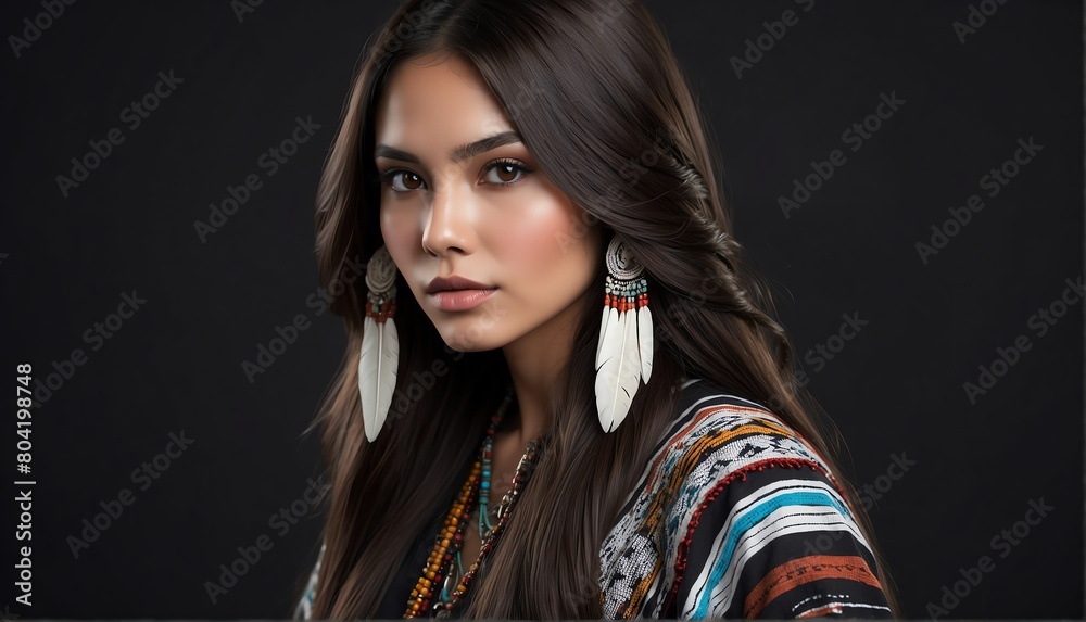 beautiful indigenous female fashion model with flowing long hair close-up portrait posing on plain black background from Generative AI beautiful indigenous female fashion model with flowing long hair close-up portrait posing on plain black background from Generative AI