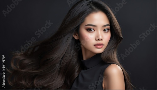 beautiful filipina female fashion model with flowing long hair close-up portrait posing on plain black background from Generative AI
