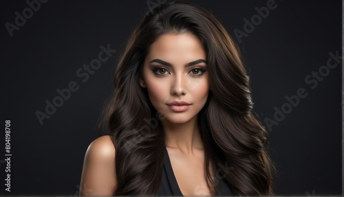 beautiful hispanic female fashion model with flowing long hair close-up portrait posing on plain black background from Generative AI