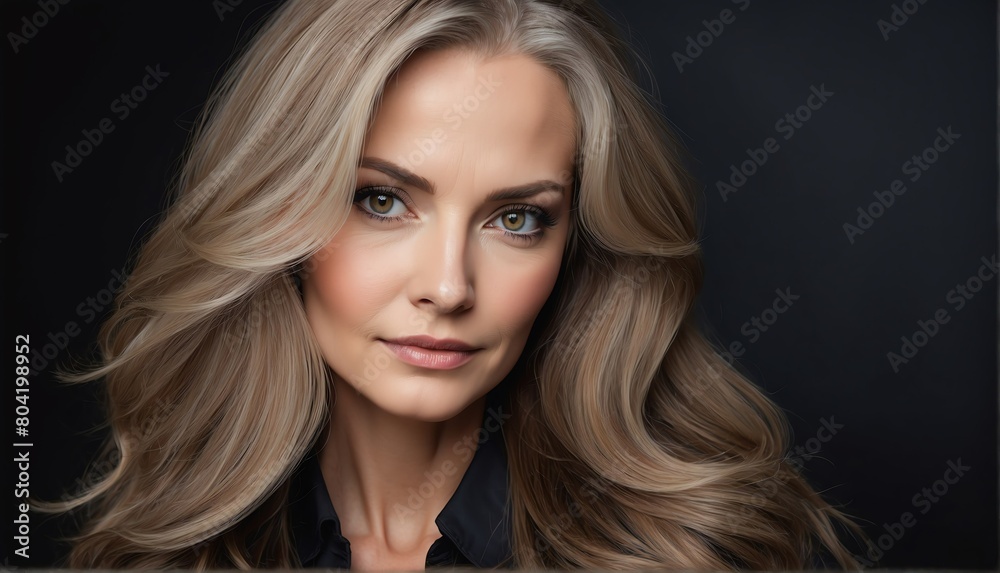 beautiful middleaged female fashion model with flowing long hair close-up portrait posing on plain black background from Generative AI beautiful middleaged female fashion model with flowing long hair close-up portrait posing on plain black background from Generative AI