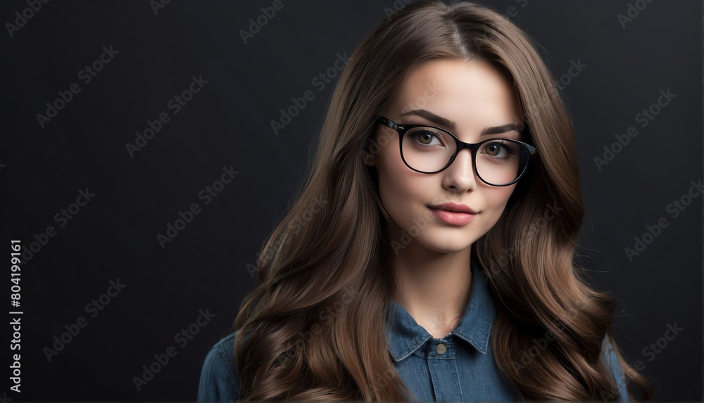 beautiful nerd female fashion model with flowing long hair close-up portrait posing on plain black background from Generative AI beautiful nerd female fashion model with flowing long hair close-up portrait posing on plain black background from Generative AI